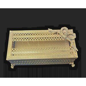 Vintage Antique Gold Filigree Tissue Box Claw Feet 2 pc Hollywood Regency Ribbon